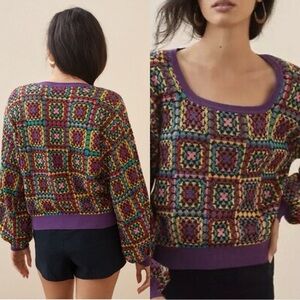 FARM RIO Pullover Multicolor Square Neck Crochet Sweater Sz S